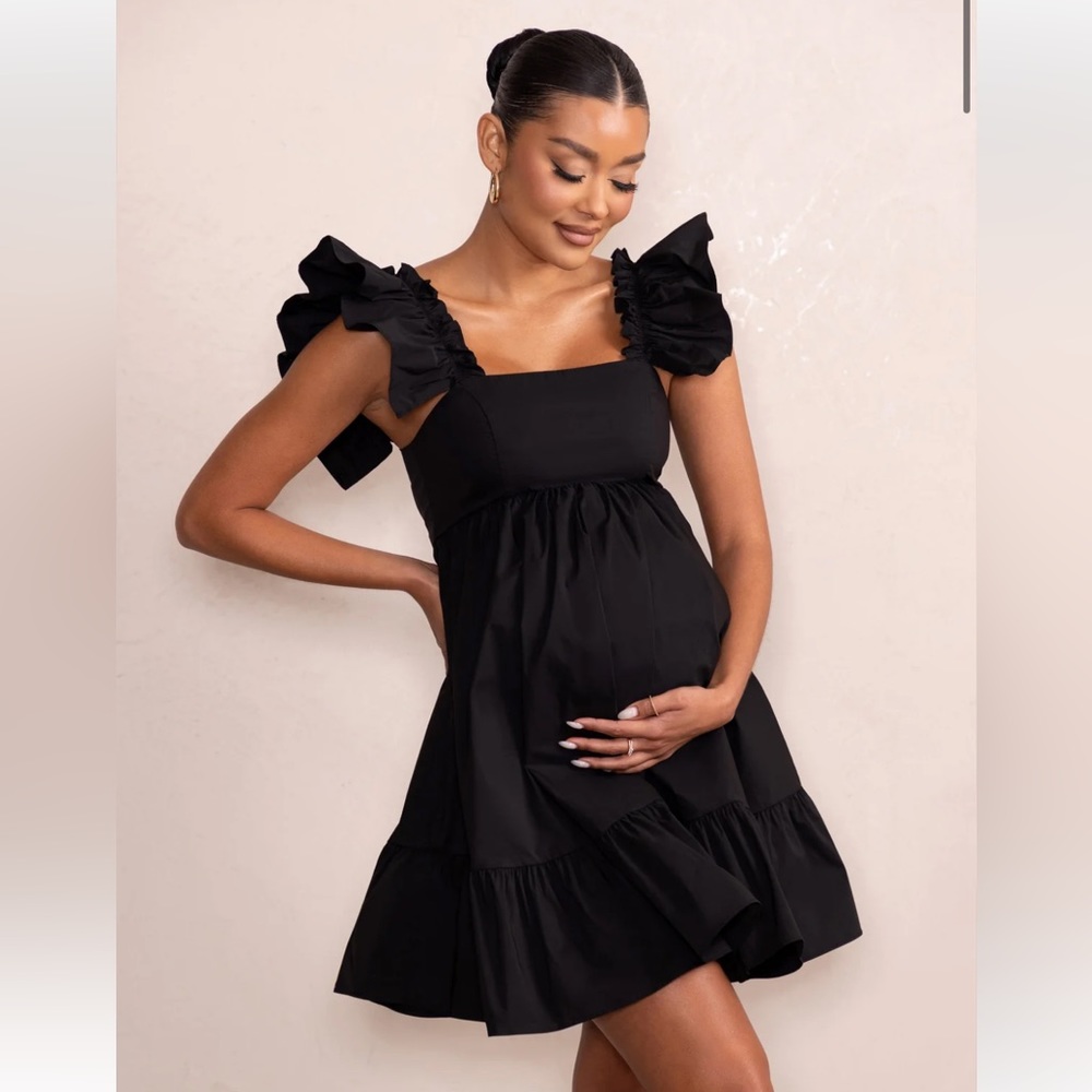 Club L London DOLLY DAZE BLACK MATERNITY RUFFLE MINI DRESS